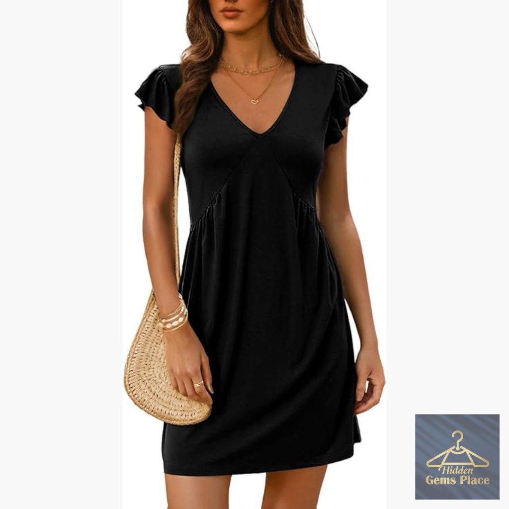 Summer Casual Mini Dress Deep V Neck Ruffle Sleeve Loose Fit Sundress